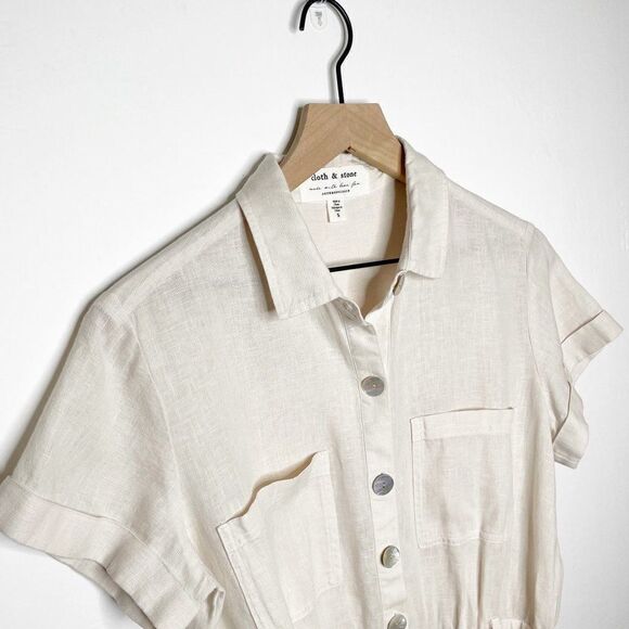 Anthropologie Cloth & Stone Linen Romper Button Down Short Sleeve Beige Size S - Picture 3 of 7